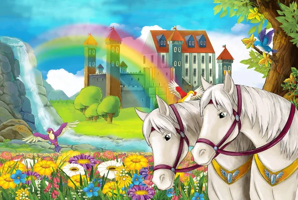 Cartoon Scene Beautiful Pair Horses Stream Rainbow Palace Background — Stock Photo, Image