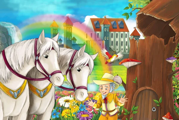Cartoon Scene Beautiful Pair Horses Stream Rainbow Palace Background Little — Stock Photo, Image