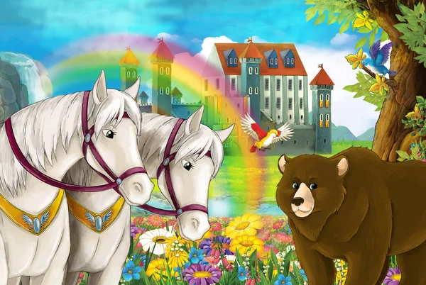 cartoon scene with beautiful pair of horses, stream, rainbow, bear and palace in the background illustration for children