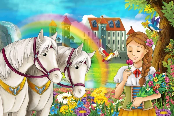 Cartoon Scène Met Mooie Paar Paarden Stream Regenboog Paleis Achtergrond — Stockfoto