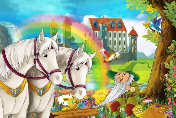 cartoon scene with beautiful pair of horses, stream, rainbow and palace in the background little dwarf is standing and smiling illustration for children