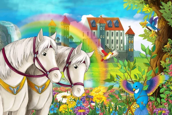 cartoon scene with beautiful pair of horses, stream, rainbow and palace in the background