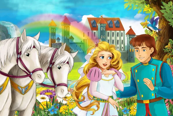 cartoon scene with beautiful pair of horses with rainbow and palace in the background young married couple boy and girl is watching and smiling illustration for children