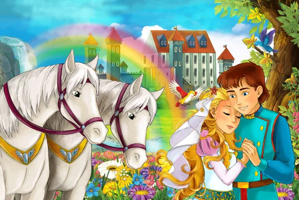 cartoon scene with beautiful pair of horses with rainbow and palace in the background young married couple boy and girl is watching and smiling illustration for children