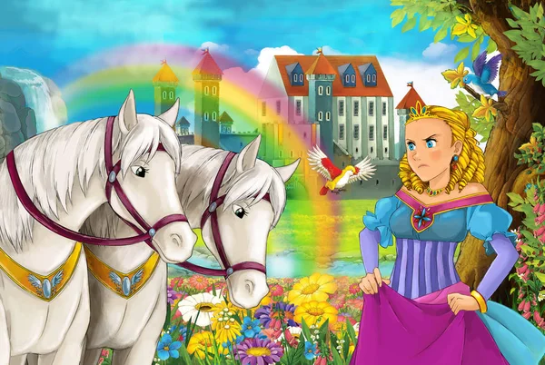 cartoon scene with beautiful pair of horses stream rainbow and palace in the background young girl sorceress is casting spell illustration for children