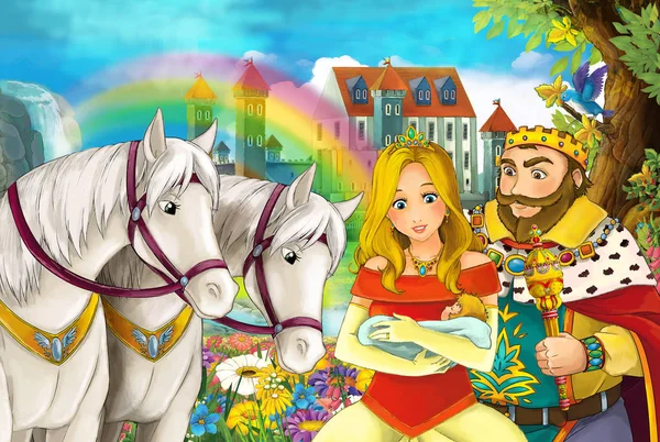 cartoon scene with beautiful pair of horses with rainbow and palace in the background young married couple man and girl is watching and smiling illustration for children