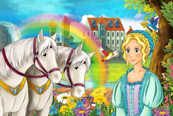 Cartoon Scène Met Mooie Paar Paarden Stream Regenboog Paleis Achtergrond — Stockfoto