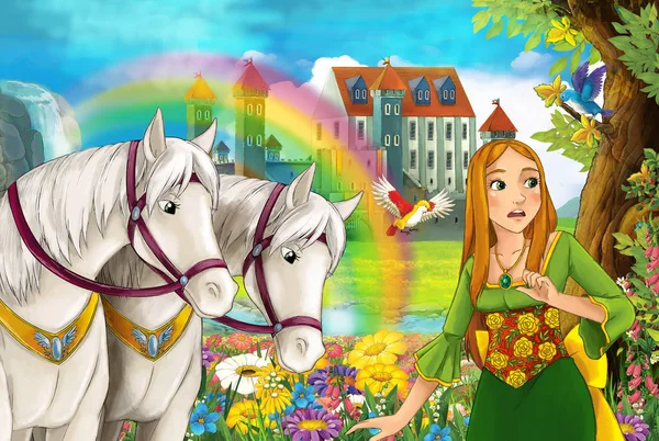 Cartoon Scene Beautiful Pair Horses Stream Rainbow Palace Background Young — Stock Photo, Image