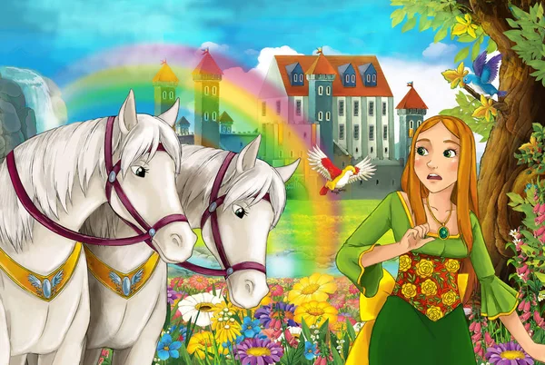 Cartoon Szene Mit Schönen Paar Pferde Strömen Regenbogen Und Palast — Stockfoto