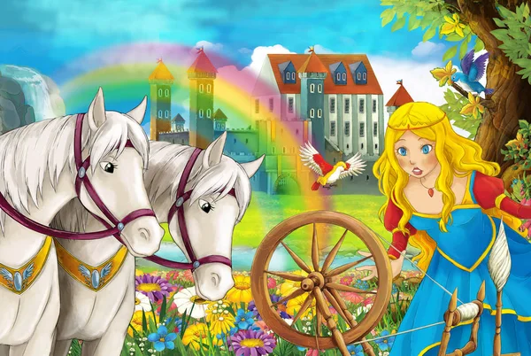 cartoon scene with beautiful pair of horses stream rainbow and palace in the background young girl sorceress is casting spell illustration for children