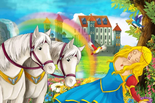 cartoon scene with beautiful pair of horses stream rainbow and palace in the background young girl sorceress is casting spell illustration for children