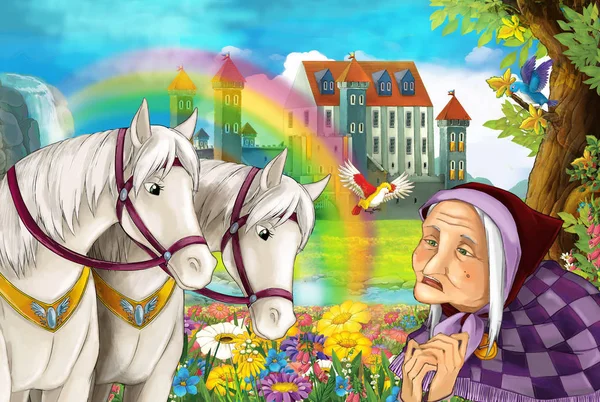 Cartoon Scene Beautiful Pair Horses Old Woman Stream Rainbow Palace — Stock Photo, Image