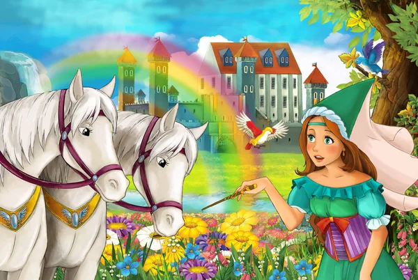 Cartoon Scene Beautiful Pair Horses Stream Rainbow Palace Background Young — Stock Photo, Image