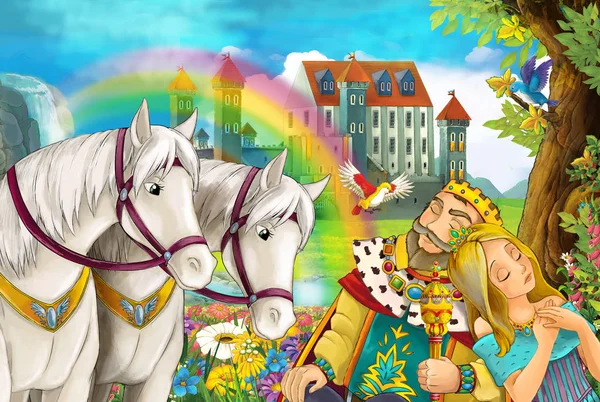 cartoon scene with beautiful pair of horses with rainbow and palace in the background young married couple man and girl is watching and smiling illustration for children