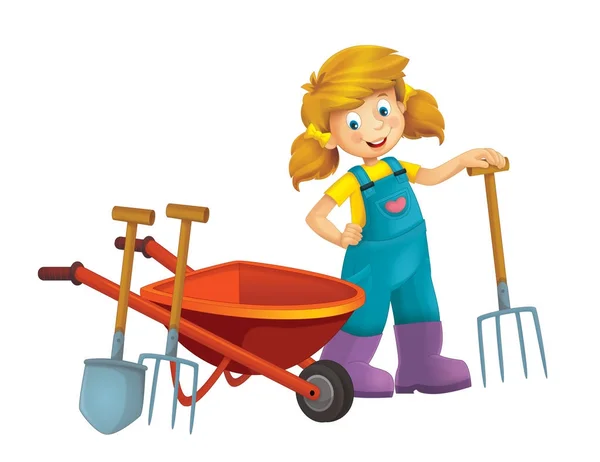 Cartoon Scene Young Girl Wheelbarrow Farming Tools Illustration Children — Stock Photo, Image