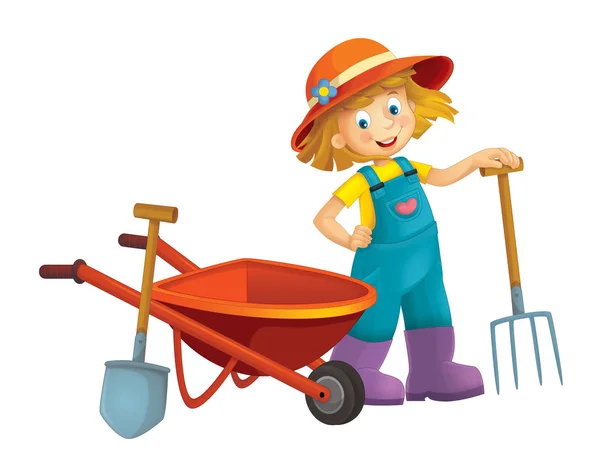 Cartoon Scene Young Girl Wheelbarrow Farming Tools Illustration Children — Stock Photo, Image