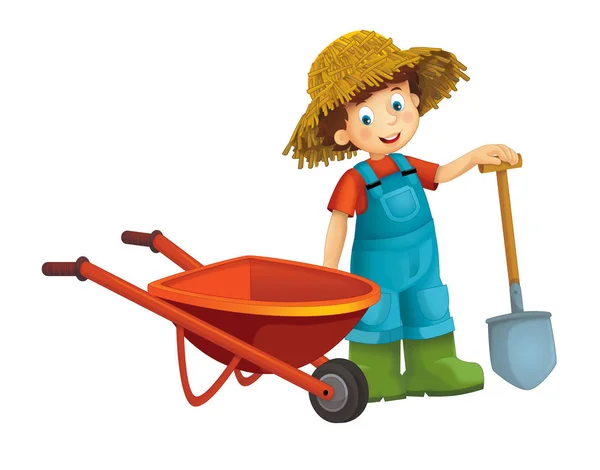 Cartoon Scene Young Boy Wheelbarrow Farming Tools Illustration Children — Stock Photo, Image