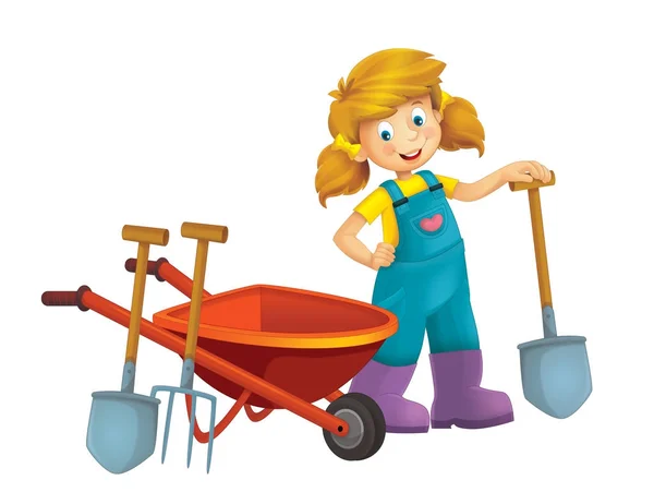 Cartoon Scene Young Girl Wheelbarrow Farming Tools Illustration Children — Stock Photo, Image