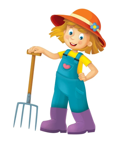 Cartoon Farm Girl Farming Tool Illustration Children — Stock Photo, Image