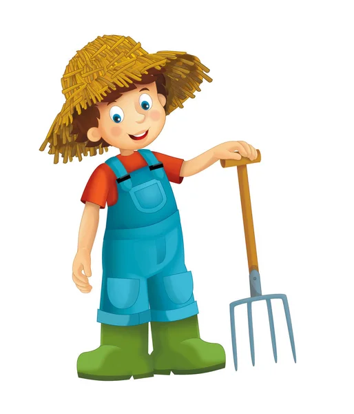 Cartoon Farm Boy Farming Tool Illustration Children — Stock Photo, Image