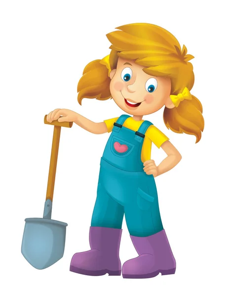 Cartoon Farm Girl Farming Tool Illustration Children — Stock Photo, Image