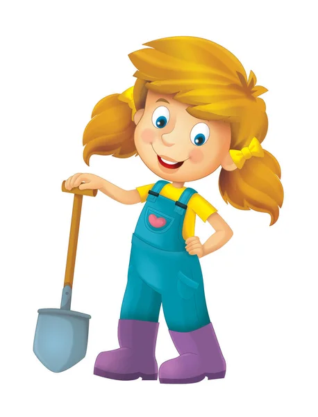 Cartoon Farm Girl Farming Tool Illustration Children — Stock Photo, Image