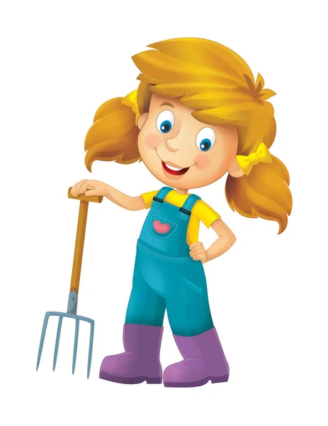 Cartoon Farm Girl Farming Tool Illustration Children — Stock Photo, Image