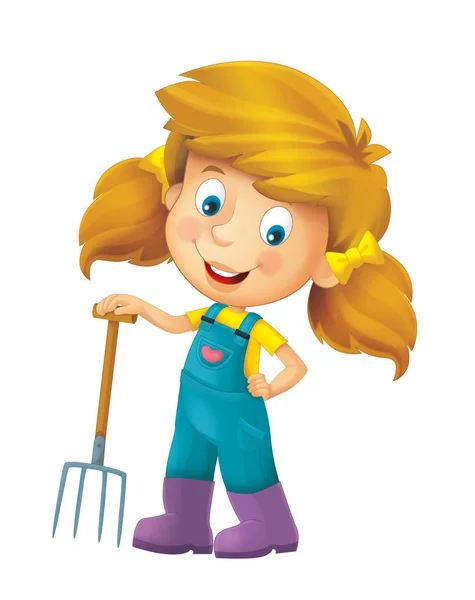 Cartoon Farm Girl Farming Tool Illustration Children — Stock Photo, Image