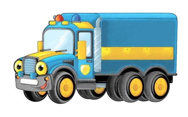 卡通快乐和滑稽警察卡车 精致着色 隔离卡车 微笑车 — 图库照片