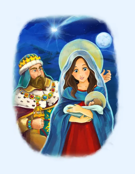 Cartoon Scen Med Maria Och Jesus Kristus Och Resande King — Stockfoto