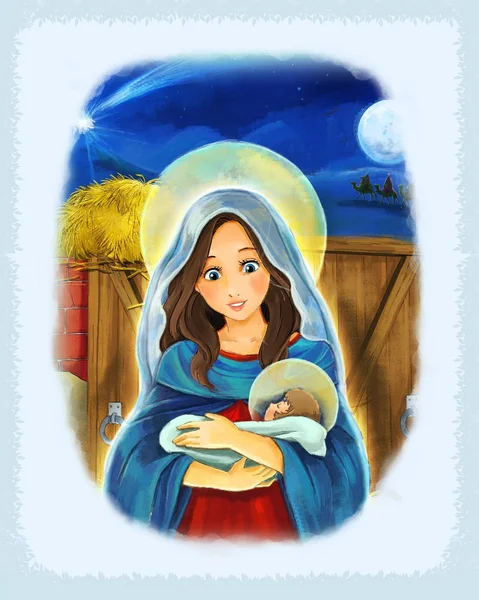 Escena Dibujos Animados Con María Jesucristo Ilustración Para Niños —  Fotos de Stock