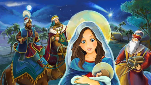 Мультфильм Сцена Марией Иисусом Христом Путешествующими Королями Иллюстрация Детей — стоковое фото