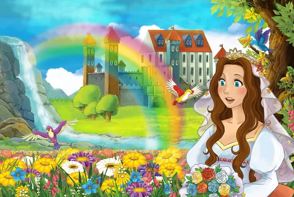 Cartoon Szene Mit Regenbogen Und Palast Hintergrund Junge Mädchen Braut — Stockfoto