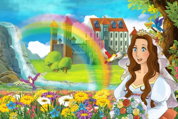 cartoon scene with rainbow and palace in the background young girl bride is watching and smiling illustration for children