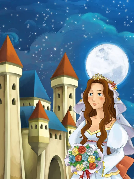 Cartoon Scene Cute Princes Front Castle Beautiful Girl Illustration Children — Stock Photo, Image
