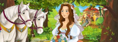 çizgi film sahne atlar ve arka plan genç kız sarayda güzel çifti ile izlemek ve çocuklar için resimde gülümseyen