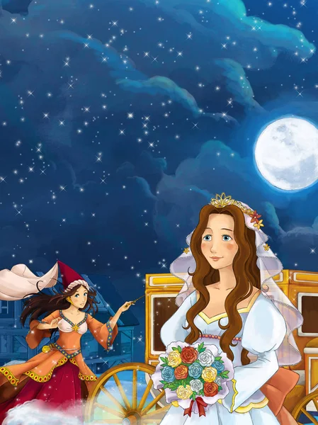 Zeichentrickszene Für Verschiedene Märchen Junges Mädchen Schön Gekleidet Auf Einem — Stockfoto
