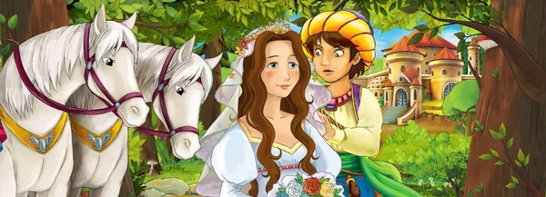 Genç evli çift ile çizgi film sahne ve çocuklar için Ortaçağ Kalesi illüstrasyon yakınındaki iki beyaz güzel atlar 