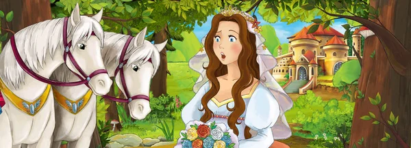 馬と背景の若い女の子で宮殿の美しいペアで漫画のシーンを見て 笑顔の子供たちのイラスト — ストック写真