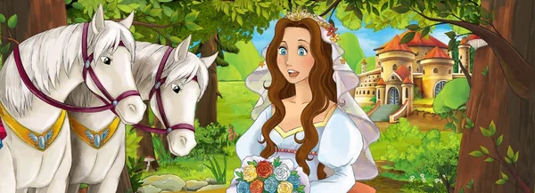 çizgi film sahne atlar ve arka plan genç kız sarayda güzel çifti ile izlemek ve çocuklar için resimde gülümseyen