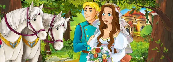 Genç evli çift ile çizgi film sahne ve çocuklar için Ortaçağ Kalesi illüstrasyon yakınındaki iki beyaz güzel atlar