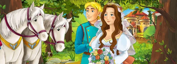 Kreslený Scény Mladý Manželský Pár Dva Bílé Krásné Koně Blízkosti — Stock fotografie