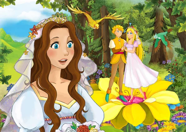 Cartoon Märchenszene Mit Schöner Prinzessin Wald Der Nähe Von Elfen — Stockfoto