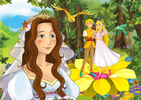 cartoon fairy tale scene with beautiful princess in the forest near elfs married couple illustration for children
