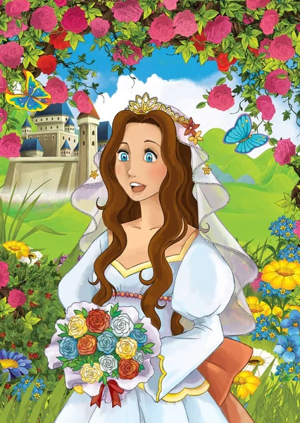 Cartoon Märchenszene Mit Schöner Prinzessin Auf Dem Feld Voller Blumen — Stockfoto