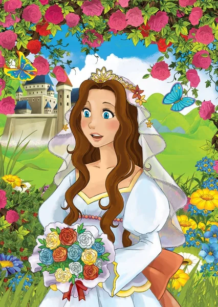 Cartoon Fairy Tale Scene Beautiful Princess Field Full Flowers Big — Stock Photo, Image
