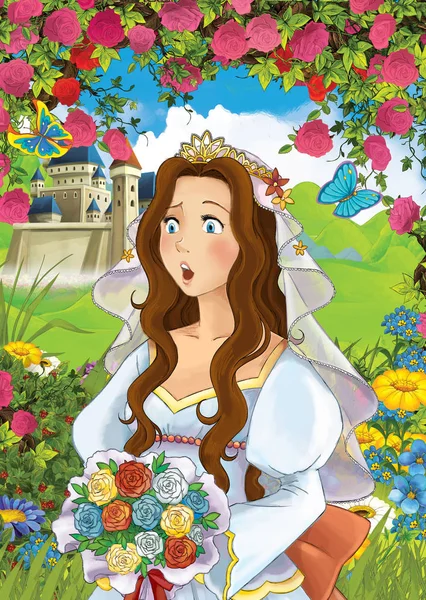 Cartoon Fairy Tale Scene Beautiful Princess Field Full Flowers Big — Stock Photo, Image