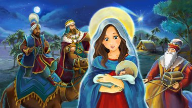 Meryem ve İsa Mesih ve seyahat ile çizgi film sahne kings - illüstrasyon çocuklar için