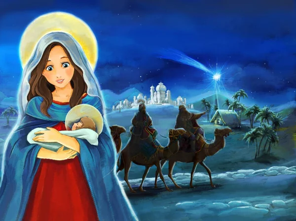 Мультфільм Сцени Mary Ісус Христос Подорожі Царів Ілюстрація Дітей — стокове фото