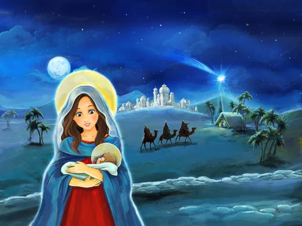 Cartoon Scène Met Maria Jezus Christus Reizende Kings Illustratie Voor — Stockfoto